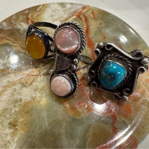 Vintage native american sterling silver ring lot turquoise mother of pearl amber